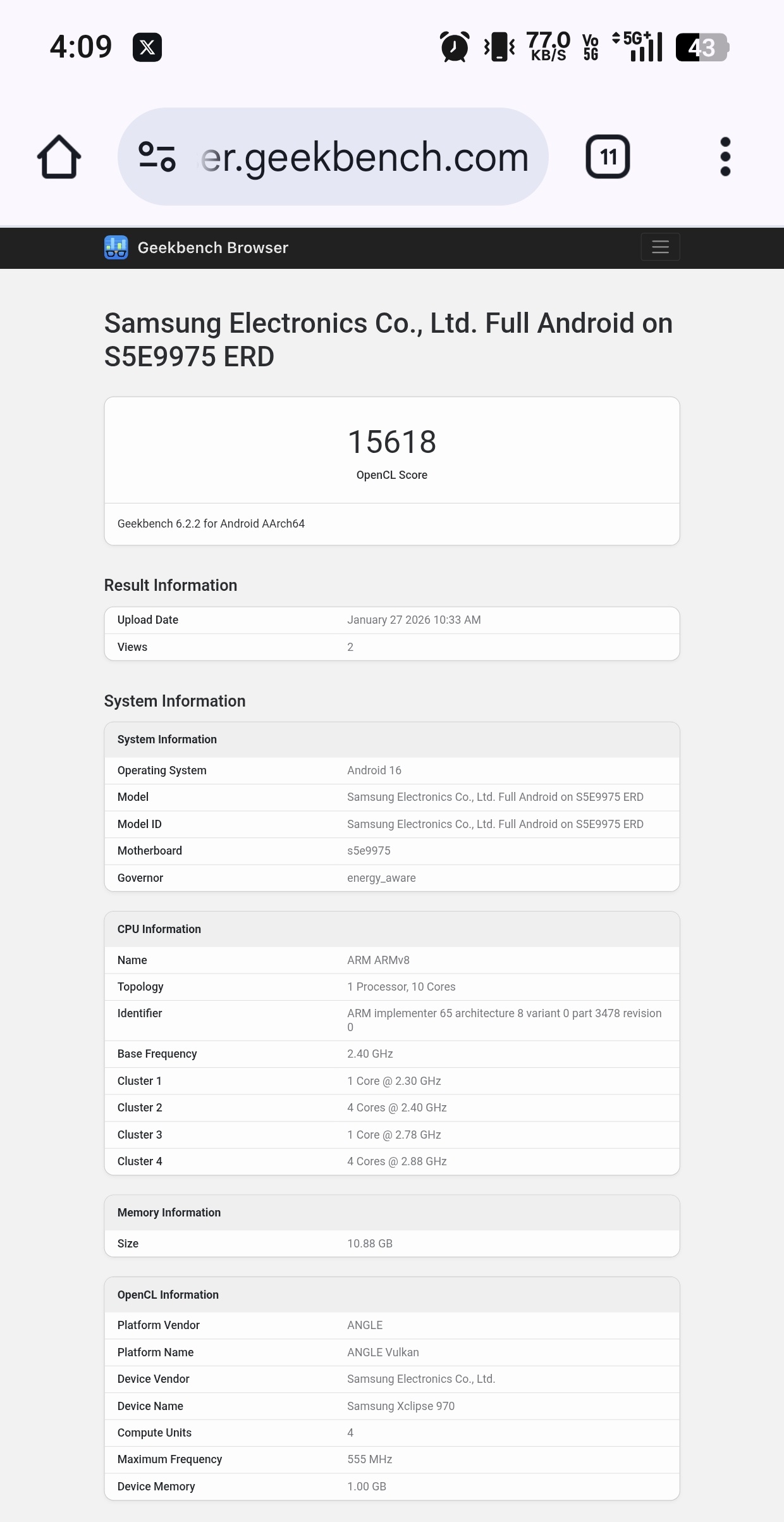 samsung galaxy s27 exynos 2700 performance geekbench score