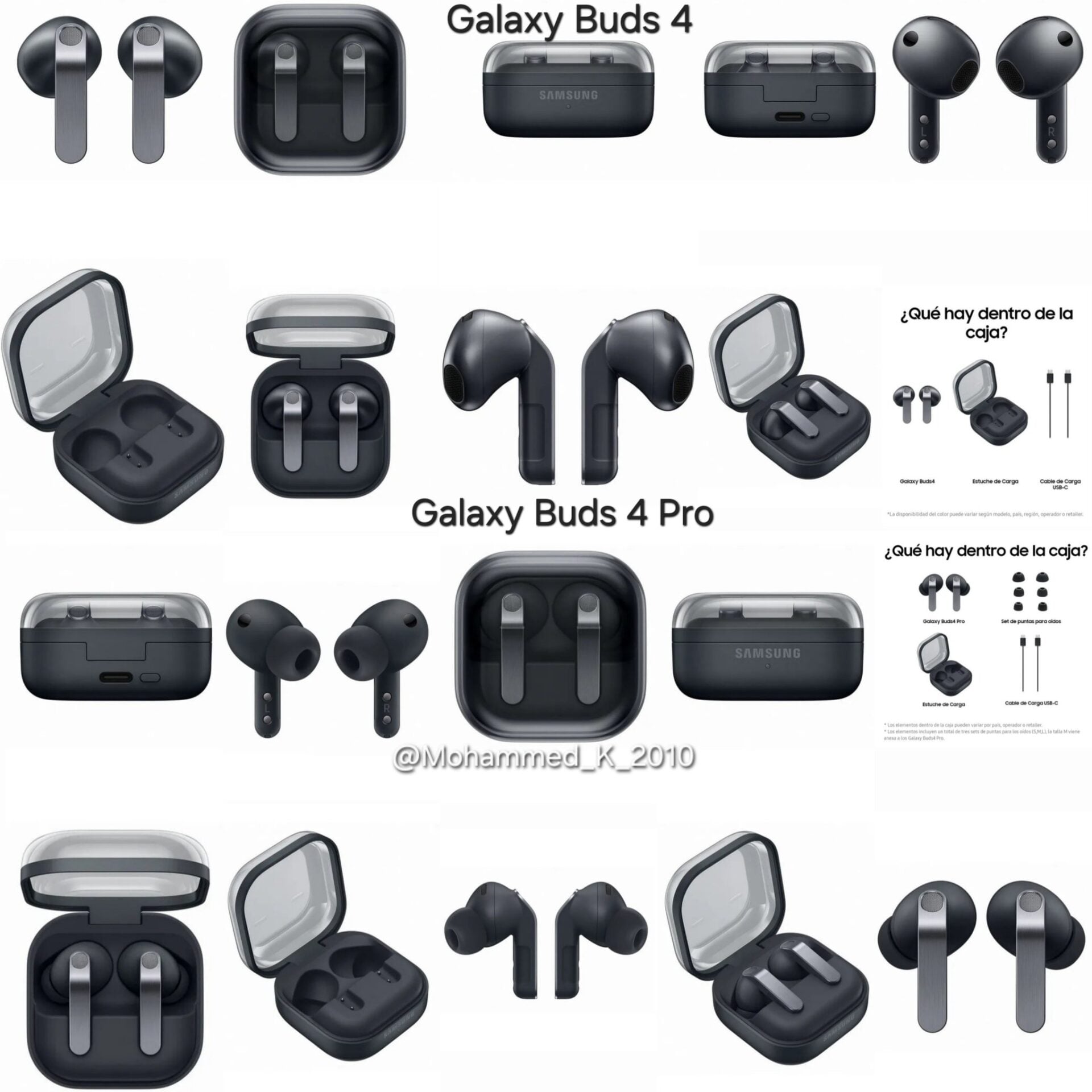 samsung galaxy buds 4 and galaxy buds 4 pro design, charging case, in box accessories