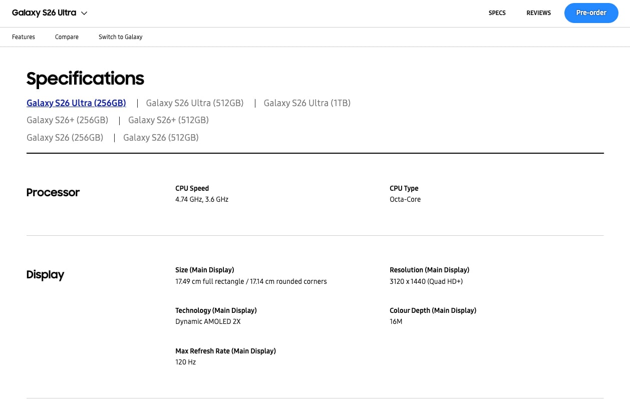 samsung galaxy s26 ultra official page mentions display has 16 million colors (8-bit) instead of mentioning 1.01 billion colors (10-bit)