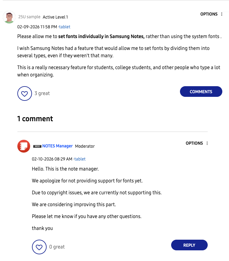 samsung notes third-party fonts request consideration