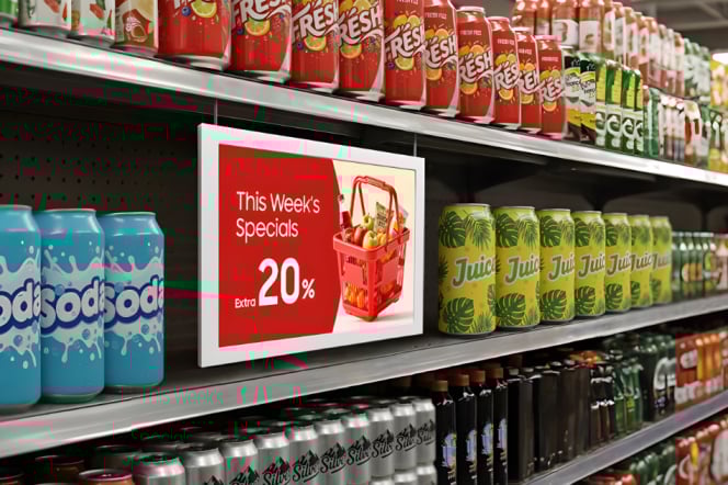 samsung em13dx 13-inch color e-paper display in a supermarket