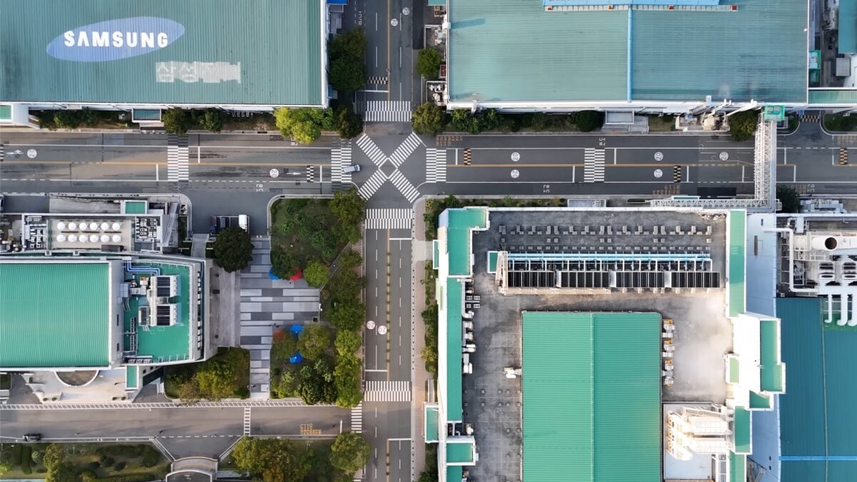 samsung electro-mechanics plant busan south korea aerial view logo
