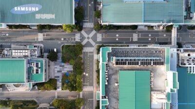 samsung electro-mechanics plant busan south korea aerial view logo