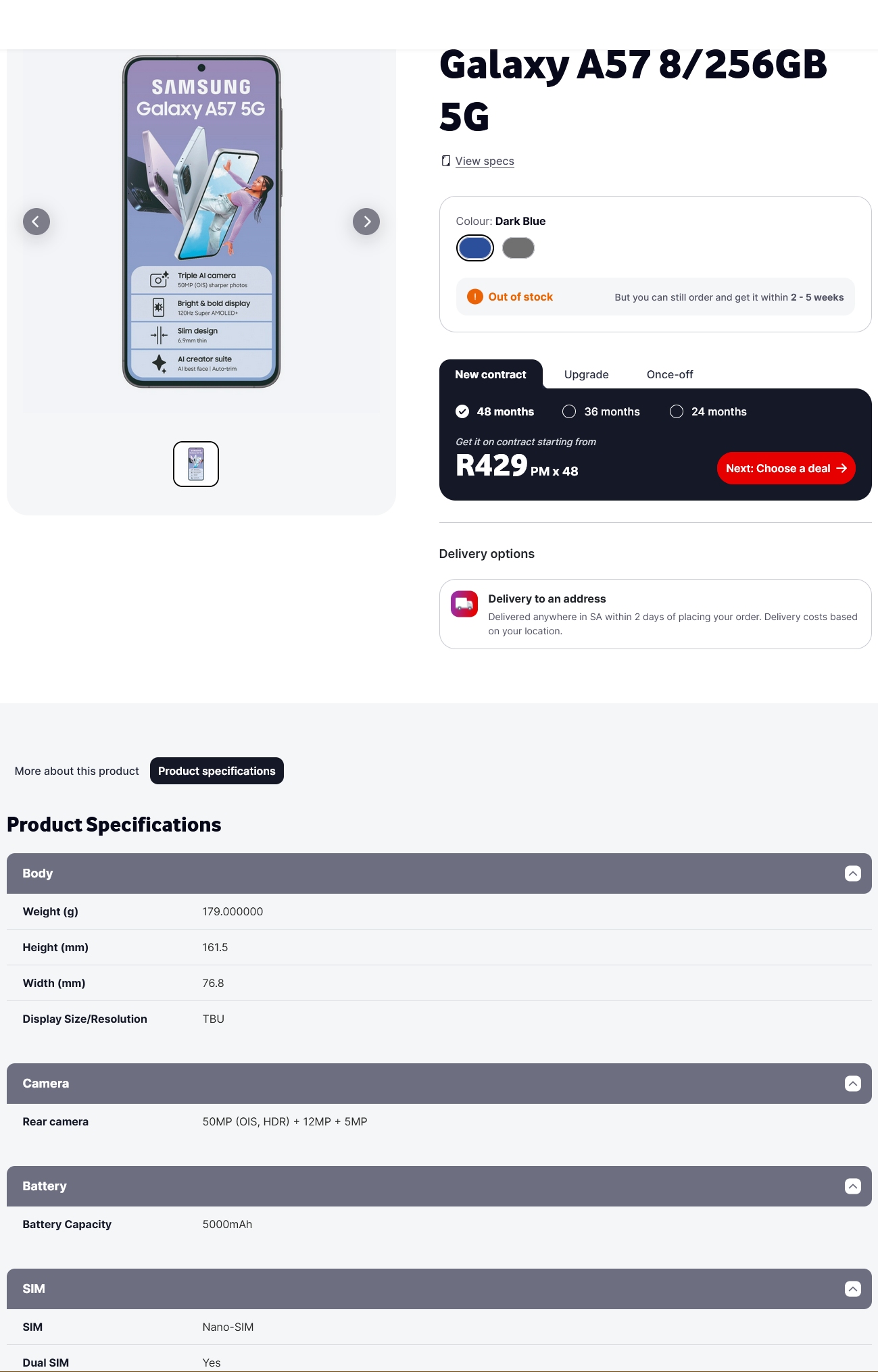 Retailer listing showing specifications for the Samsung Galaxy A57
