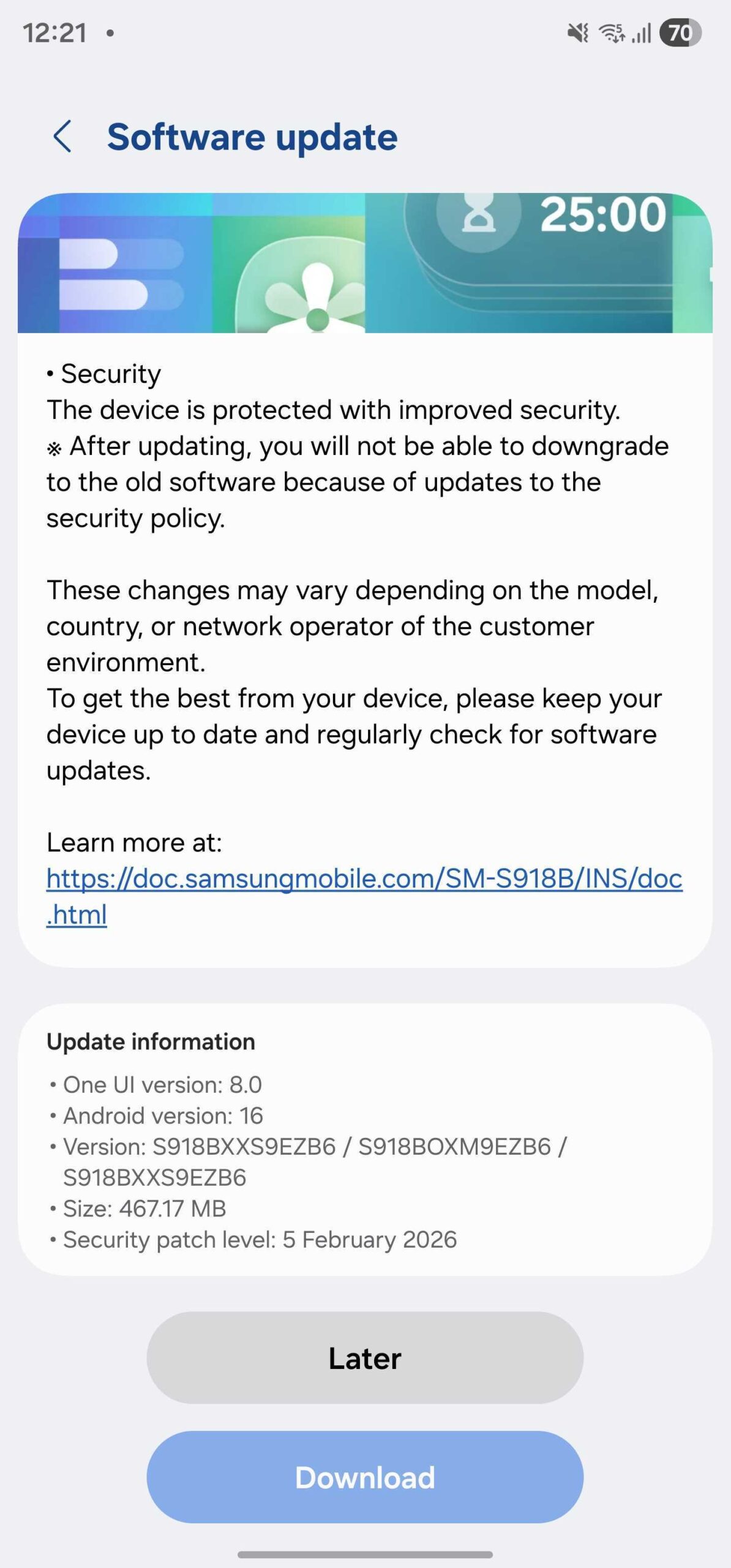 Screenshot of the Galaxy S23 update screen showing firmware version