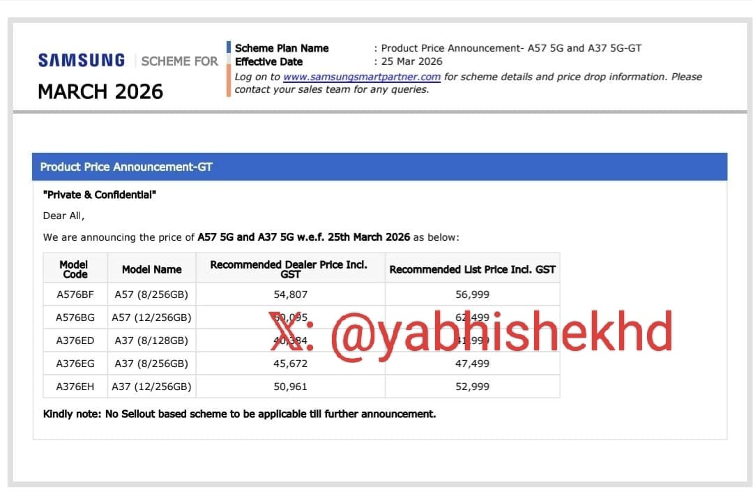 samsung india's alleged communication to retailers about galaxy a57 and galaxy a37 pricing