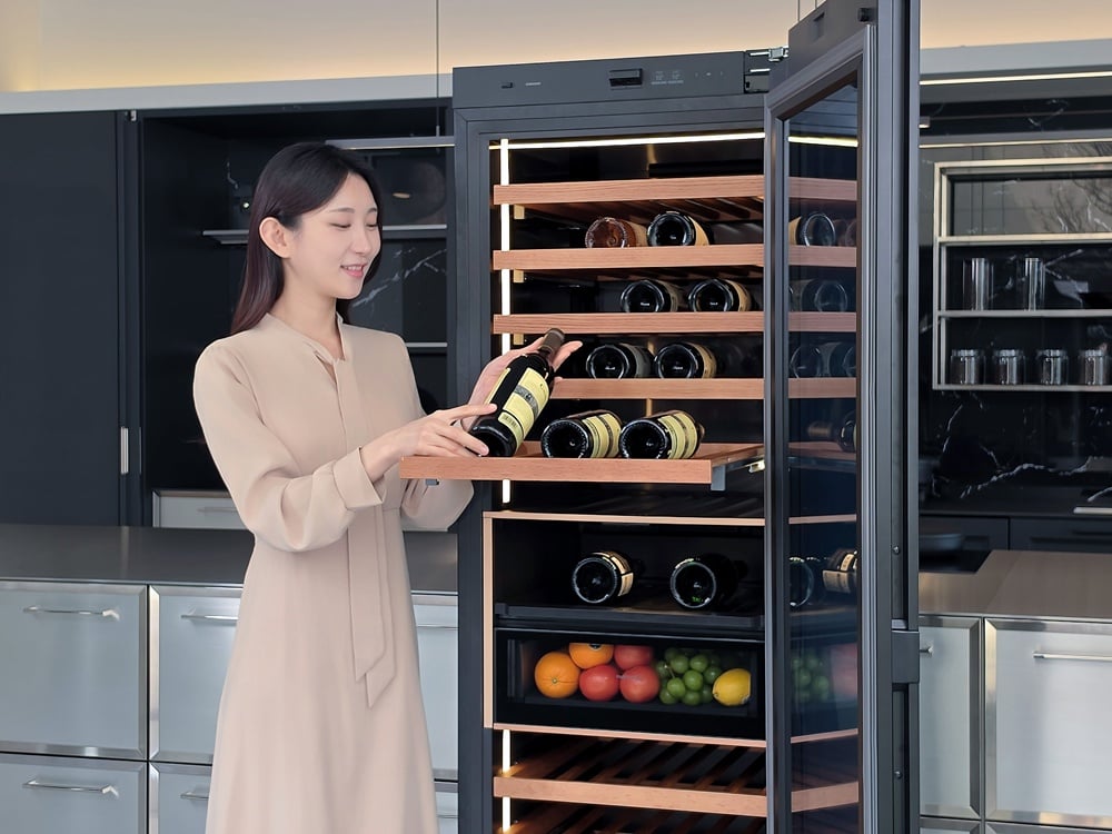 samsung infinite ai wine refrigerator door opened and rack pulled out