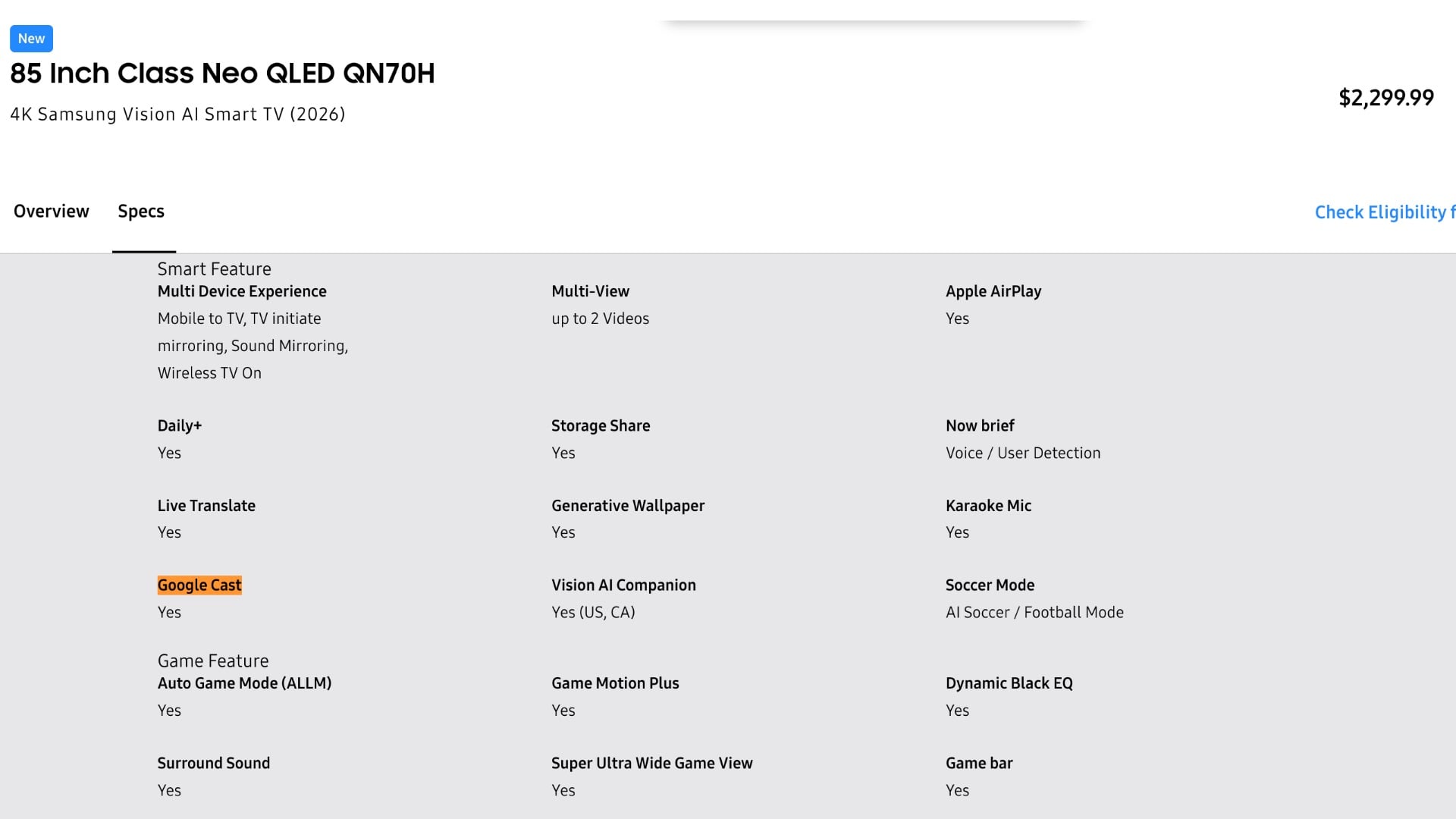 samsung neo qled qn70h 2026 specifications google cast