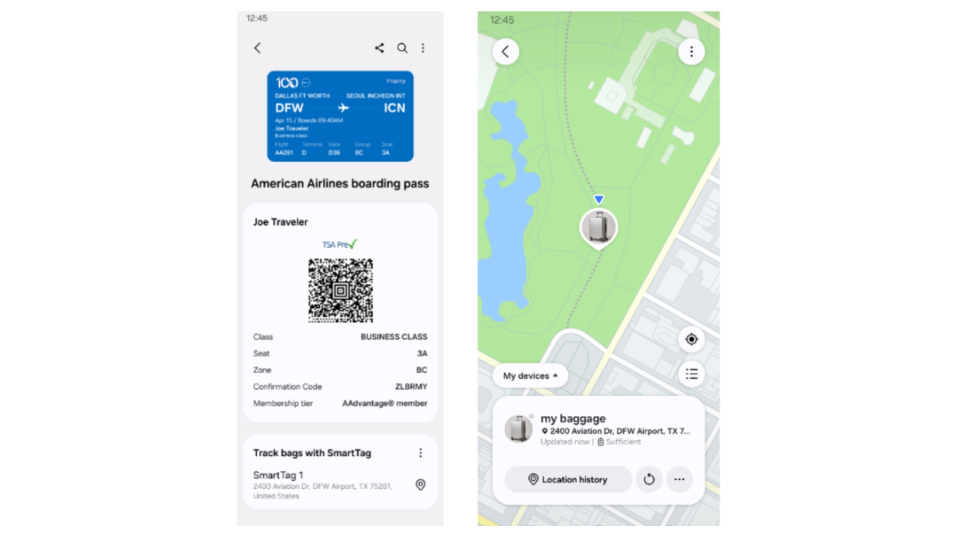 samsung wallet american airlines boarding pass luggage tracking galaxy smarttag