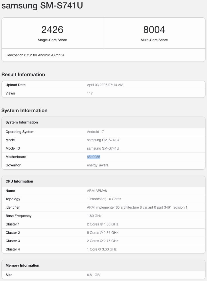 samsung galaxy s26 fe exynos 2500 processor chip geekbench leak