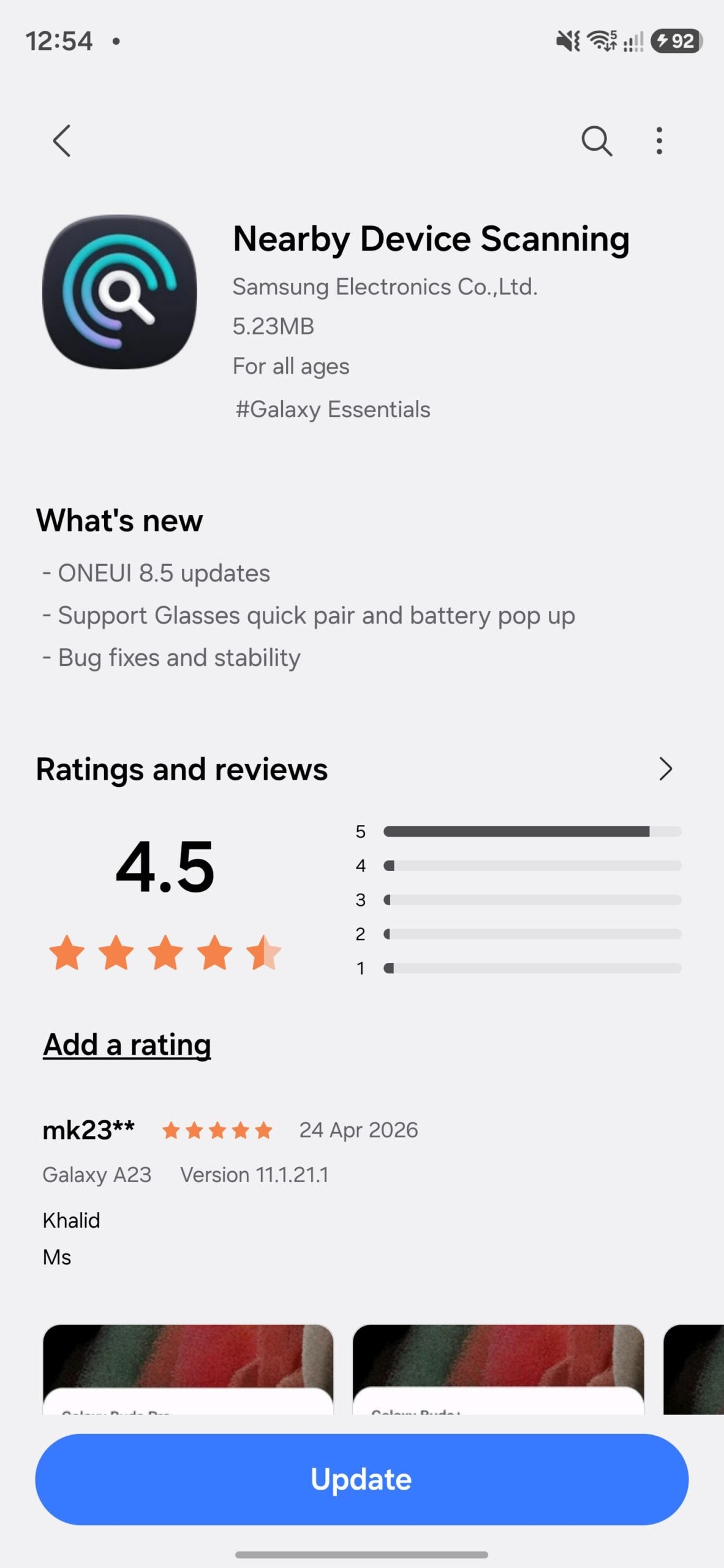 samsung nearby device scanning update galaxy glasses mention