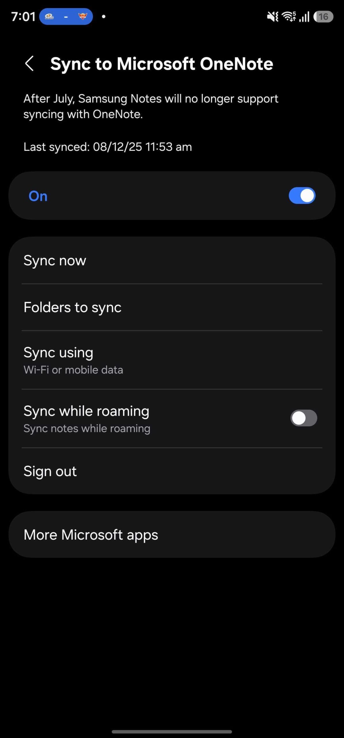 samsung notes app showing message that microsoft onenote sync will stop working from july 2026