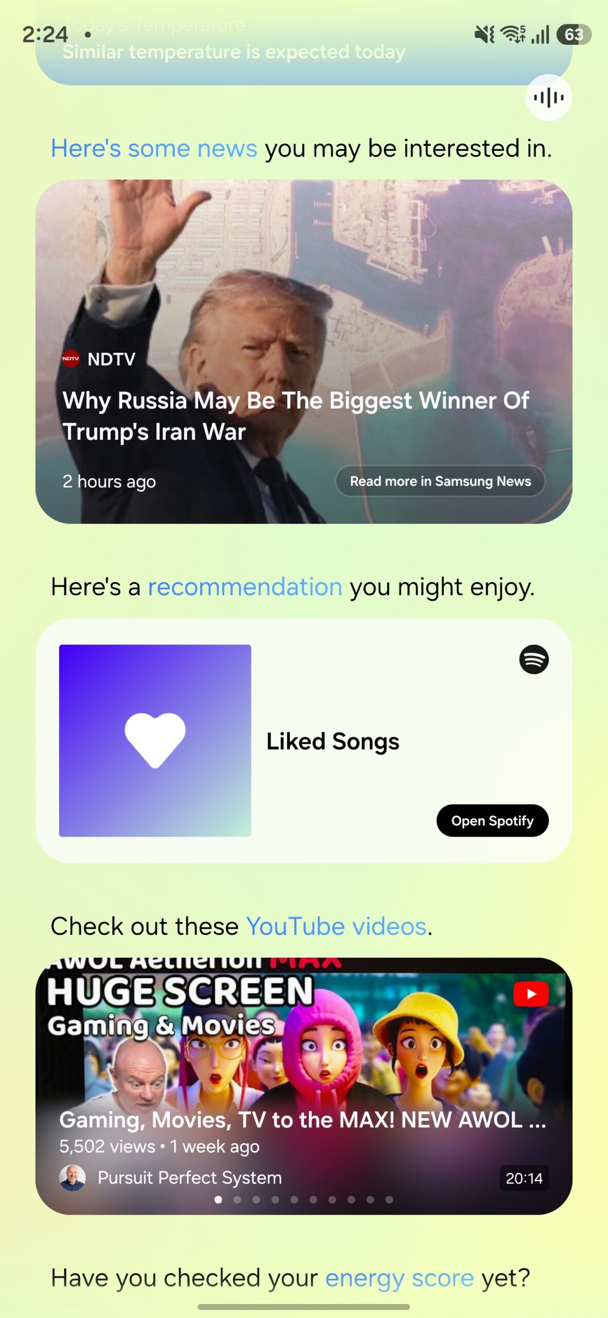 samsung one ui 8.5 now brief spotify music playlist youtube recommendations
