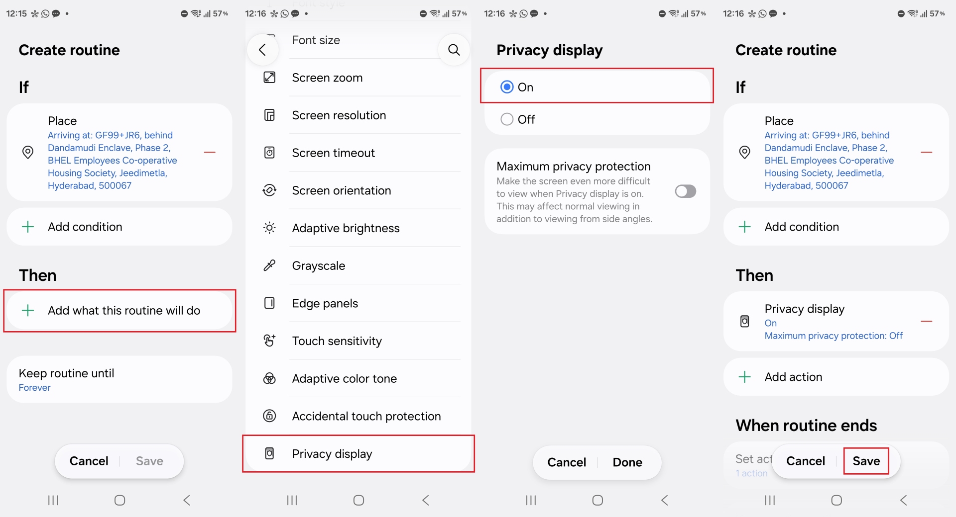setting up privacy display location routine