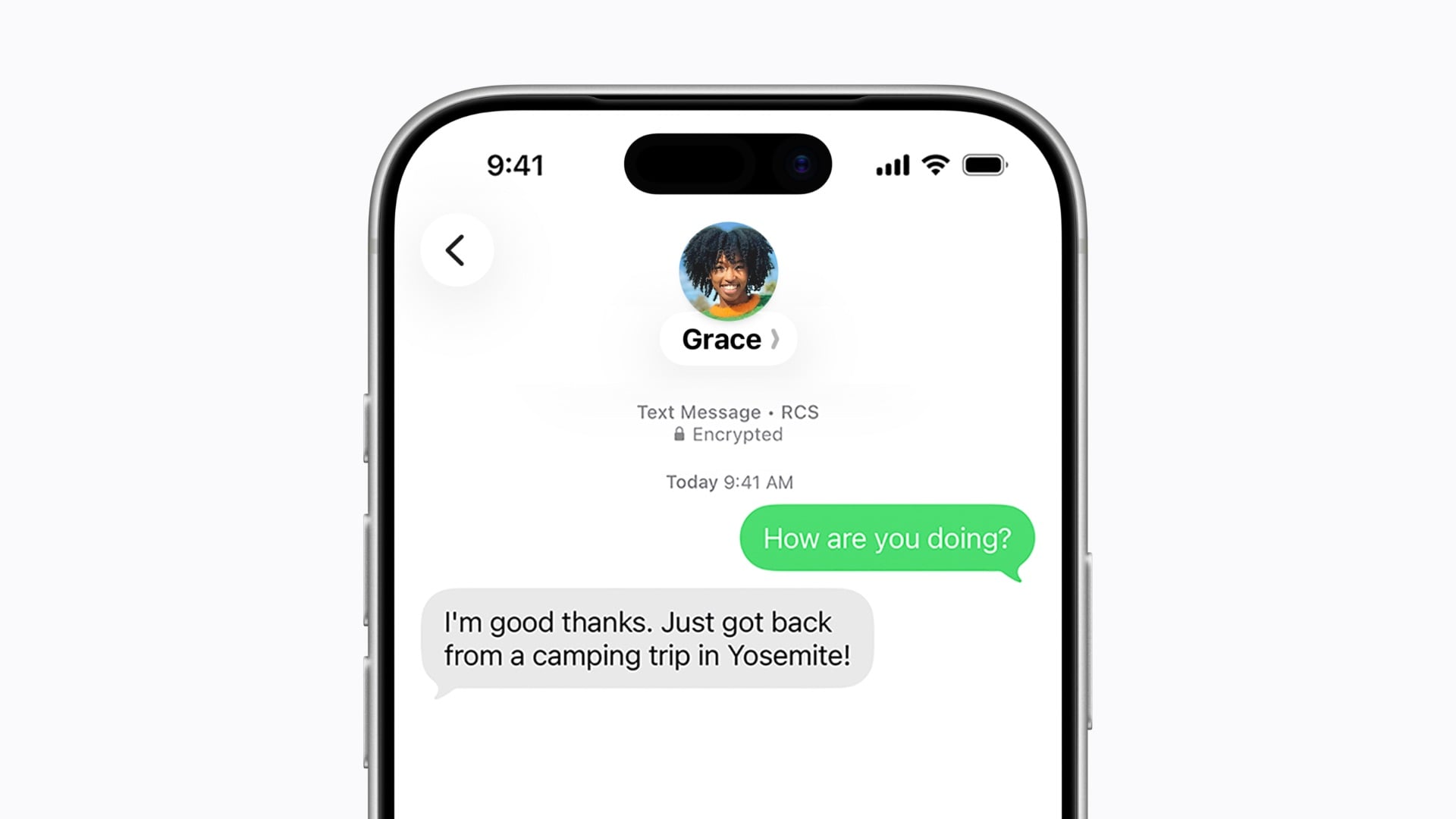 iOS 26.5 interface showing end-to-end encryption label in RCS chat