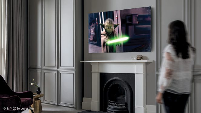 samsung art store gets star wars artwork showing jedi master yoda igniting his lightsaber to confront darth sidious