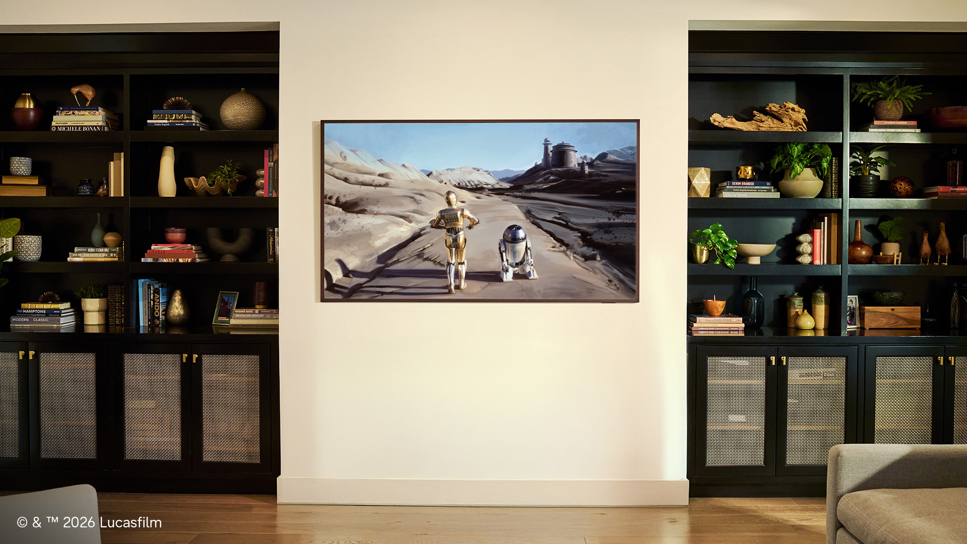 samsung art store gets star wars artwork showing c-3po and r2-d2 traveling to the palace of jabba the hutt