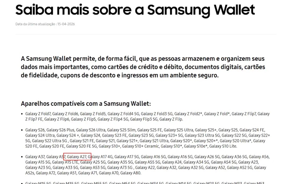 samsung galaxy a27 listed samsung wallet app brazil website
