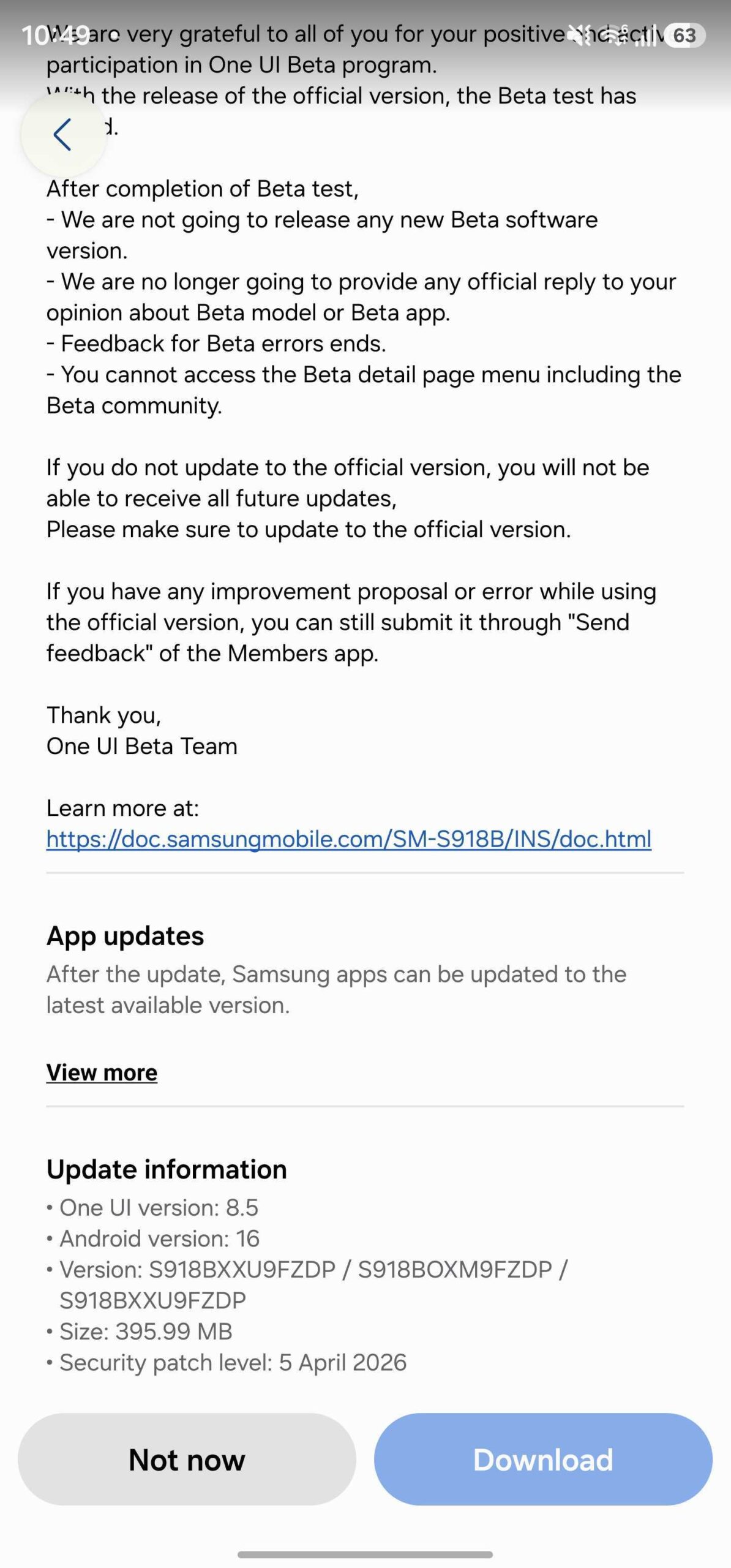 samsung galaxy s23 ultra one ui 8.5 stable update for beta firmware version india