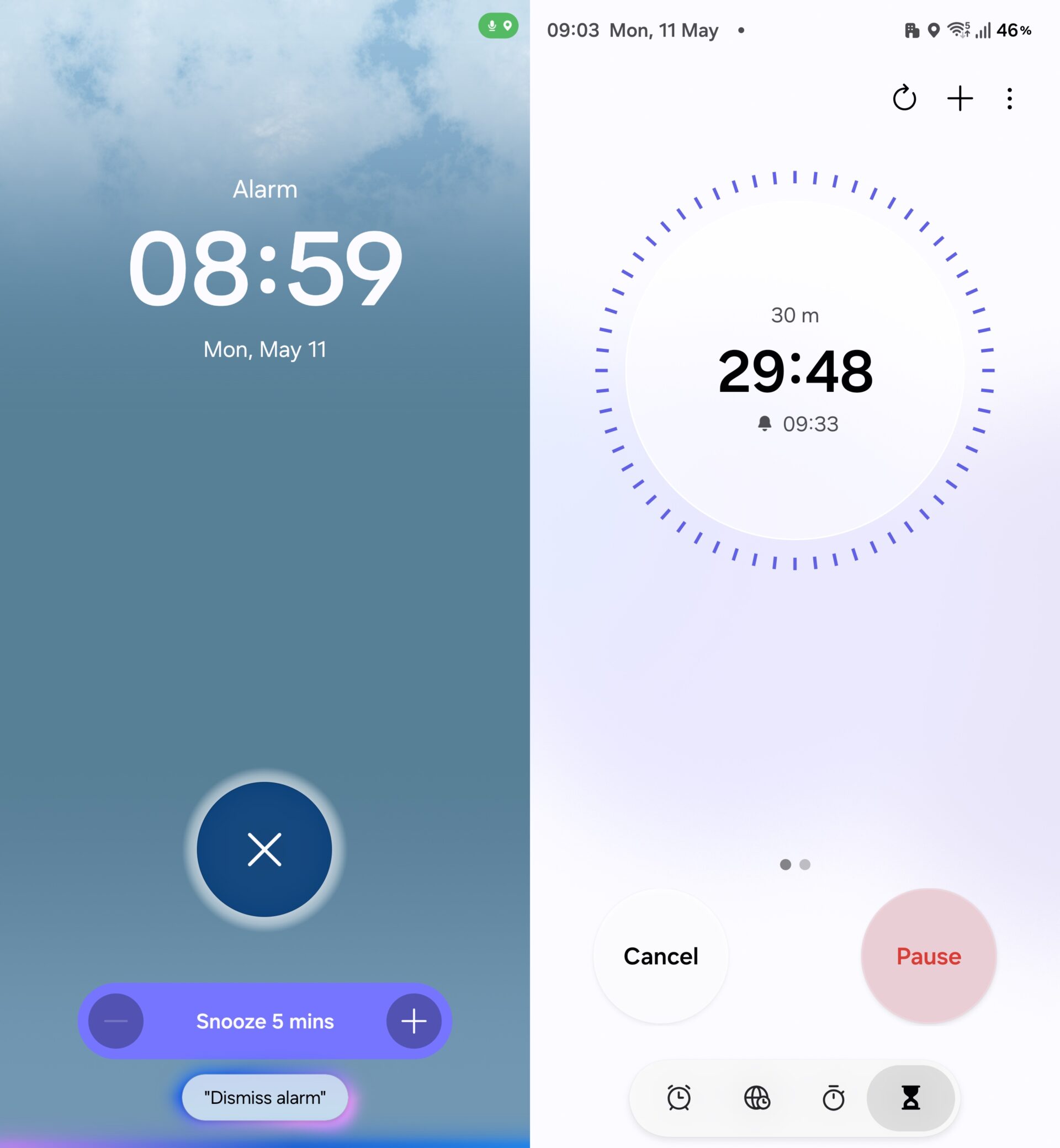 samsung one ui 9.0 clock app alarm snooze timer ui leak