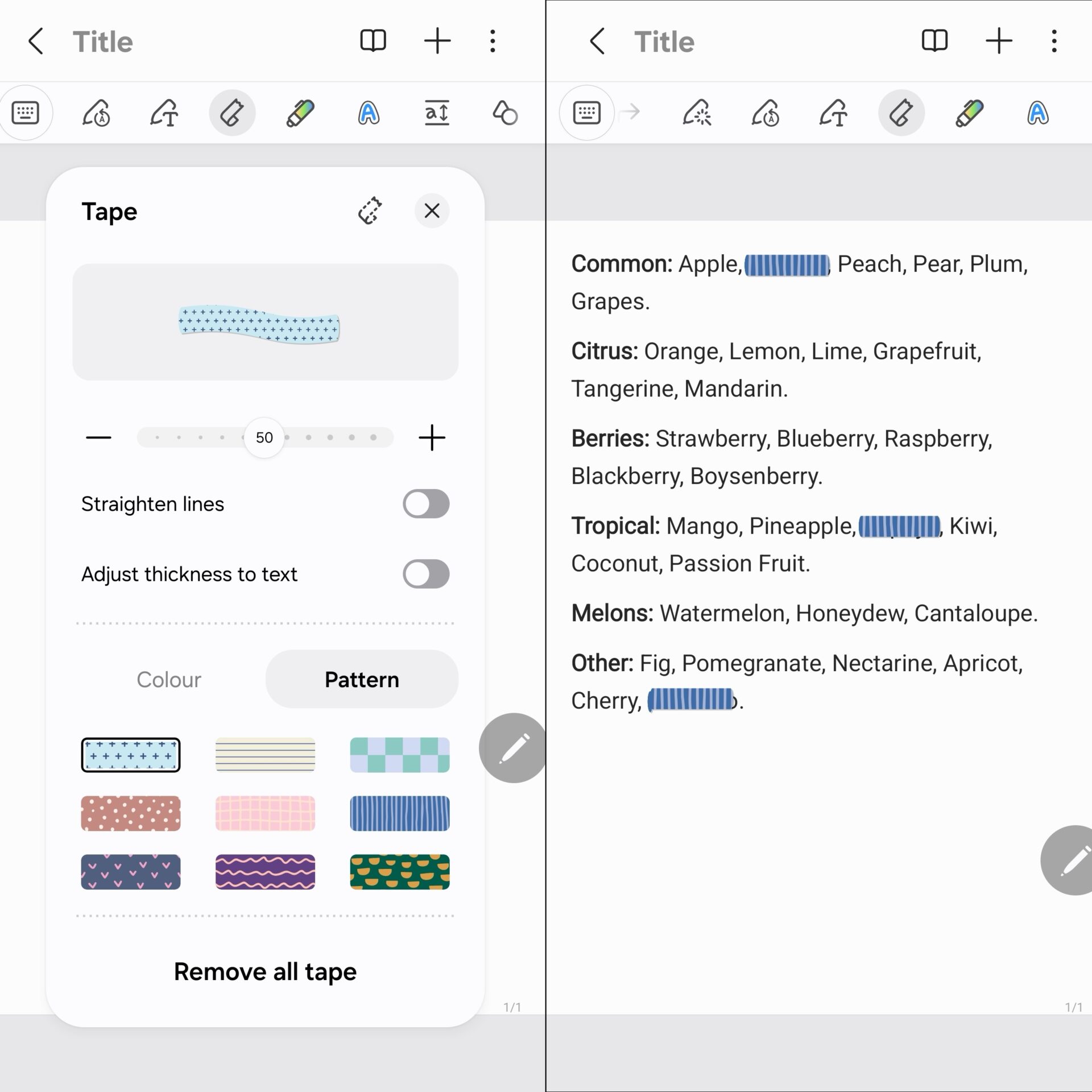 samsung one ui 9.0 notes tape settings
