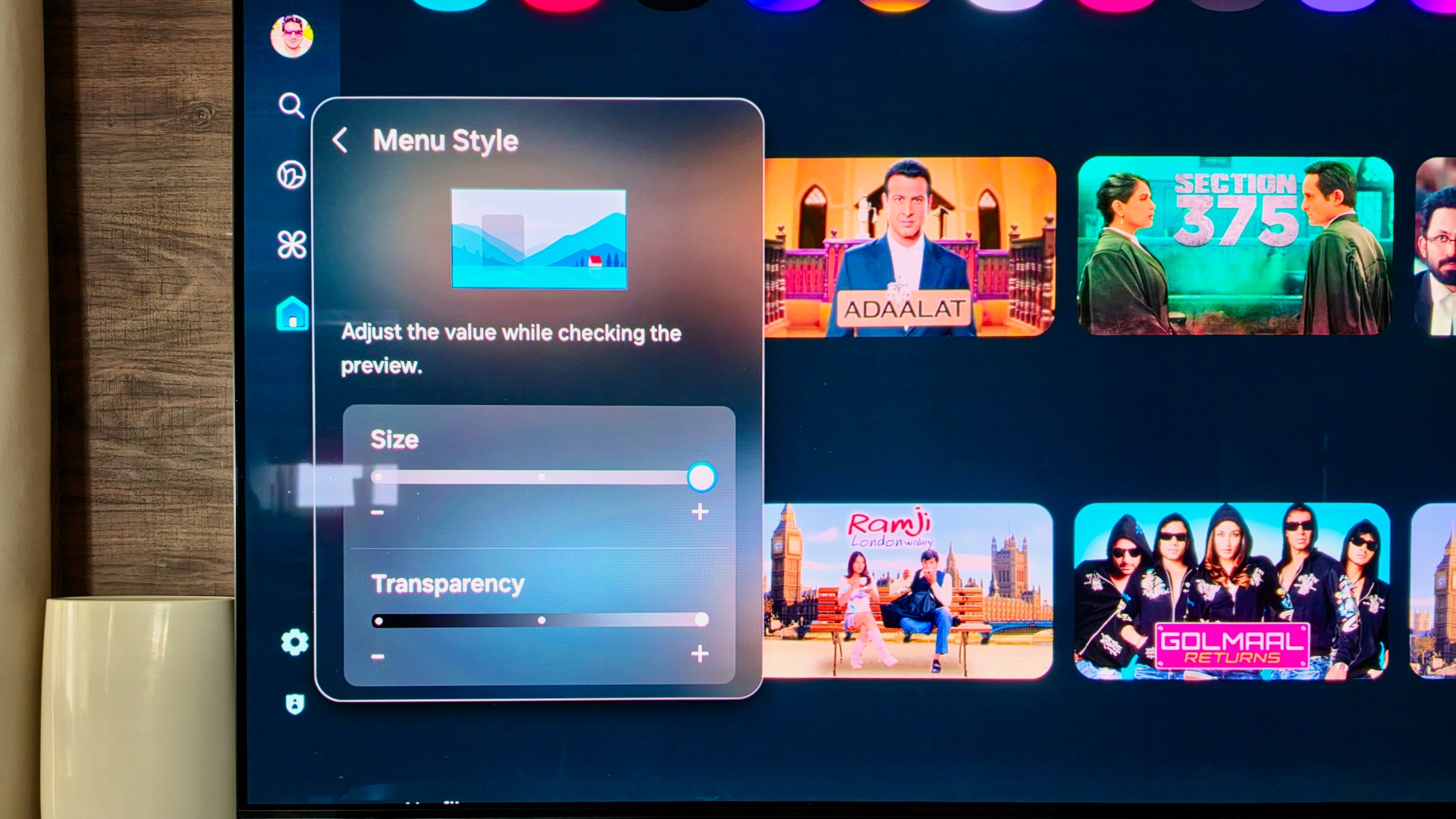 samsung tv s90c one ui tizen 9 settings menu size transparency