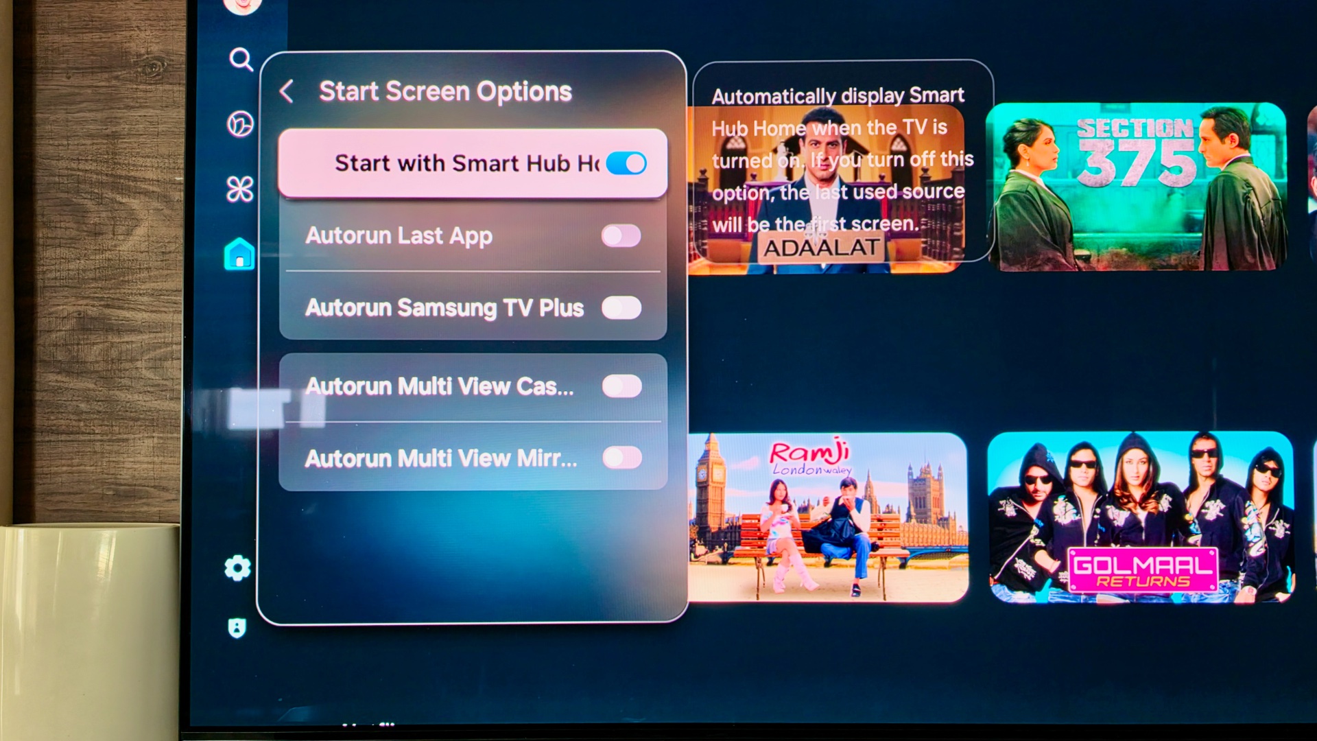 samsung tv tizen 9.0 one ui settings menu start screen options
