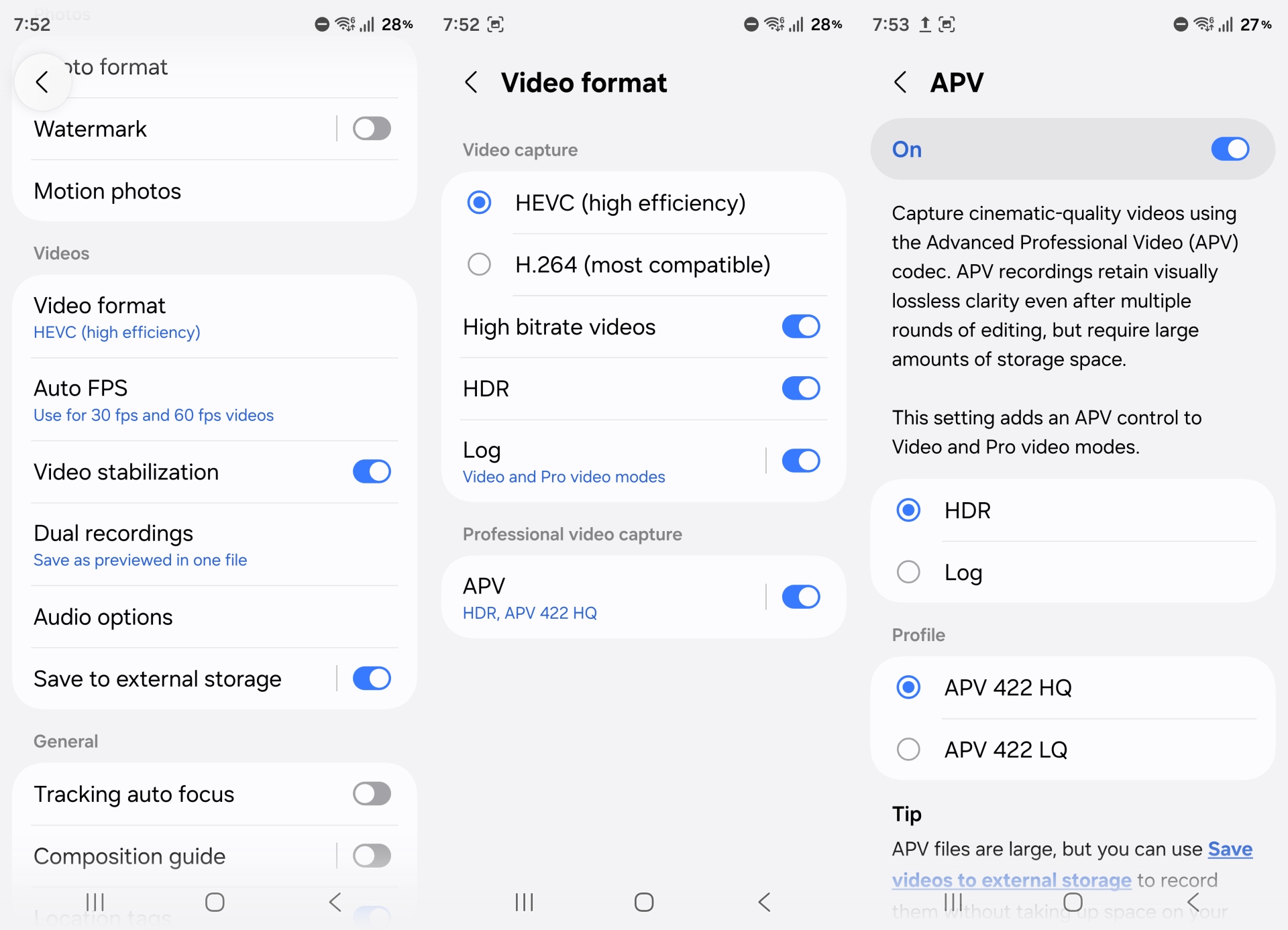 enabling apv codec in samsung camera settings