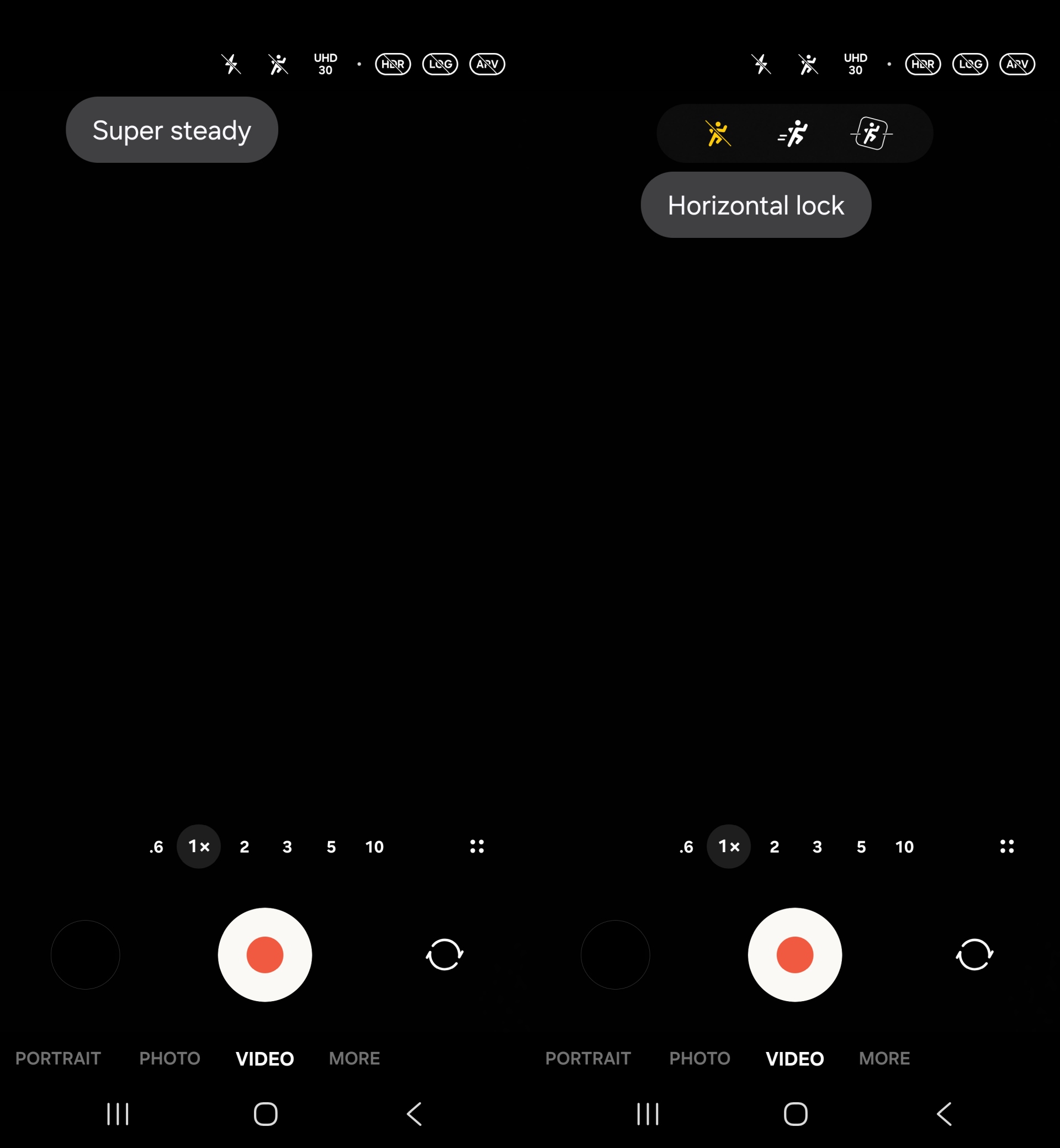 Super steady and Horizontal Lock shortcuts in Samsung Camera app