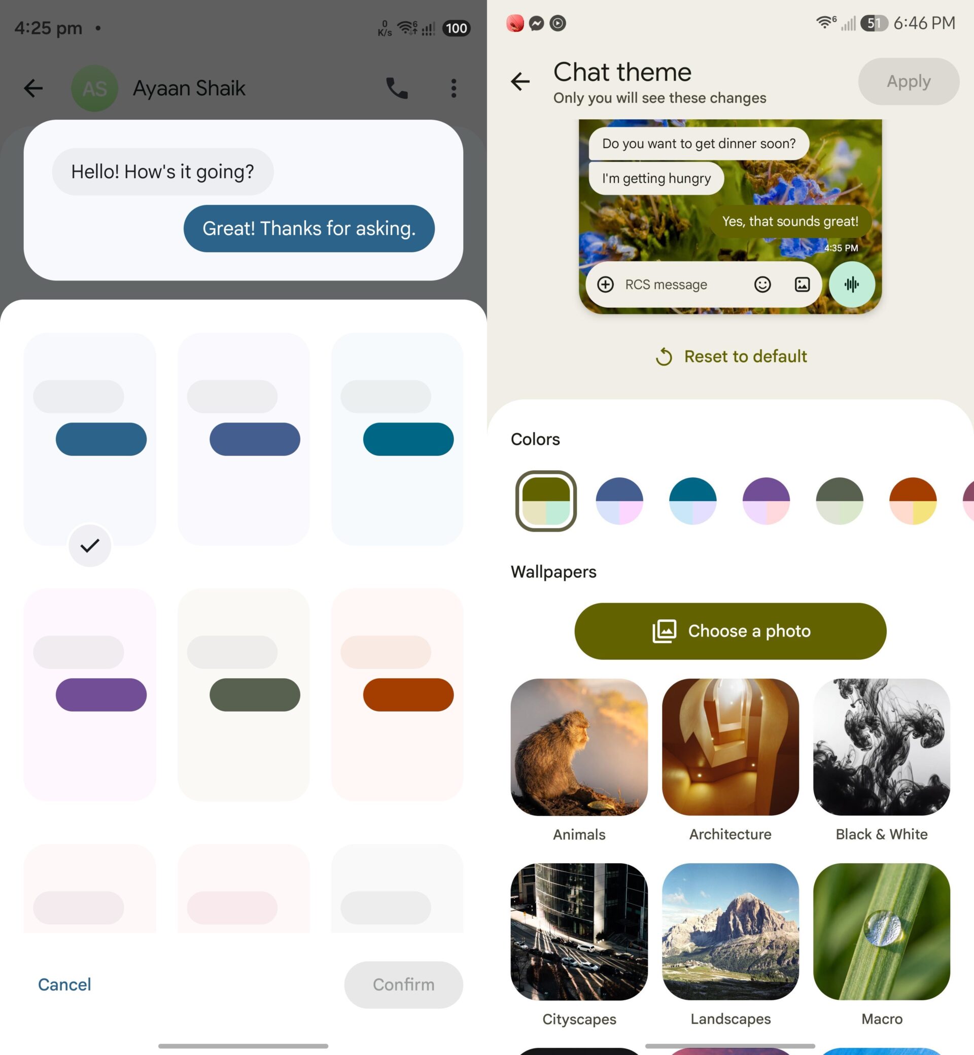 google messages change colors & chat themes comparison