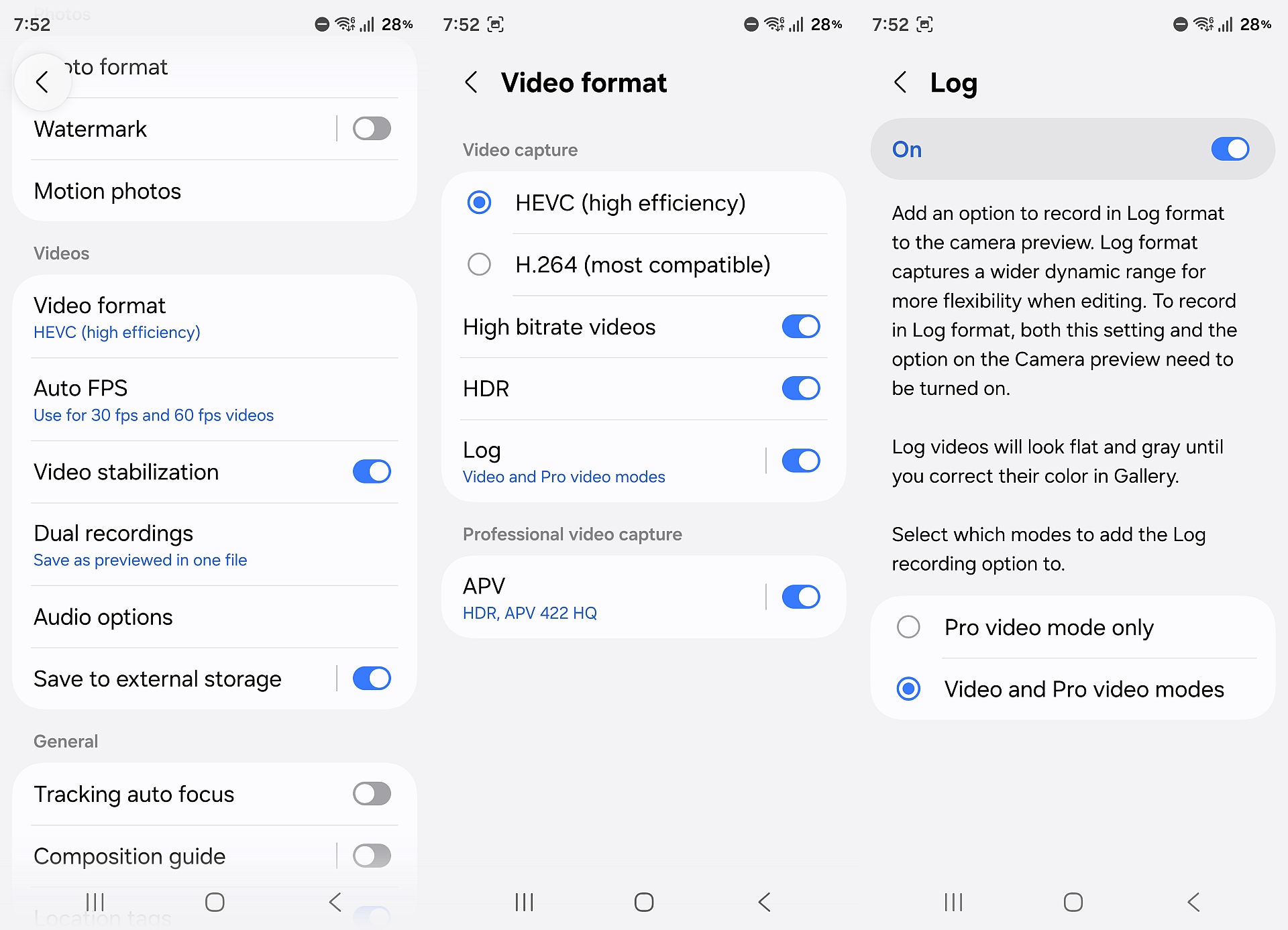 enabling log video in samsung camera settings