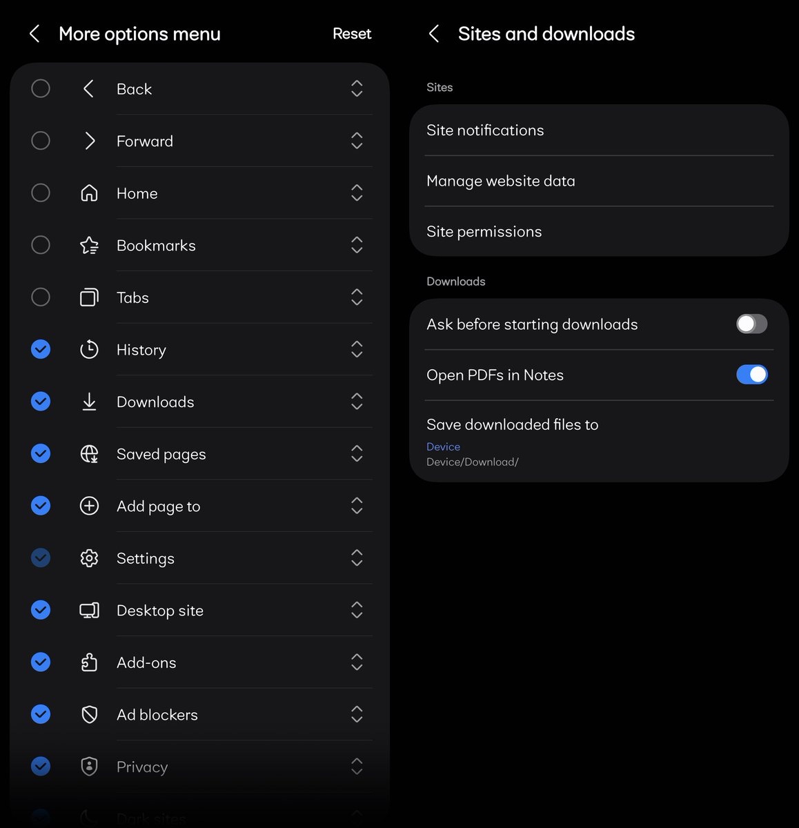 samsung browser menu options reorganization open pdf in notes one ui 9.0 leak