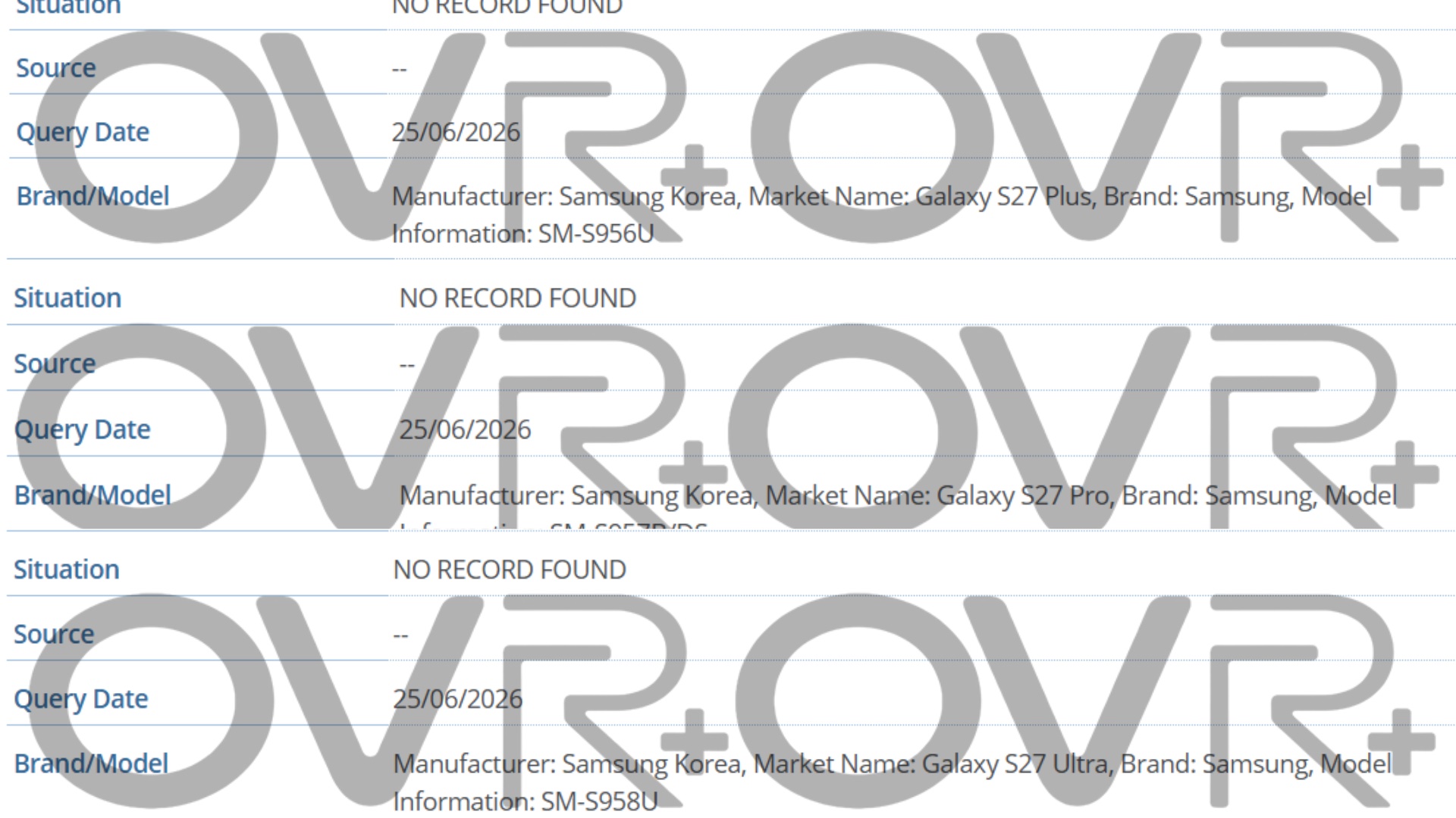 samsung galaxy s27 plus pro ultra gsma database entries
