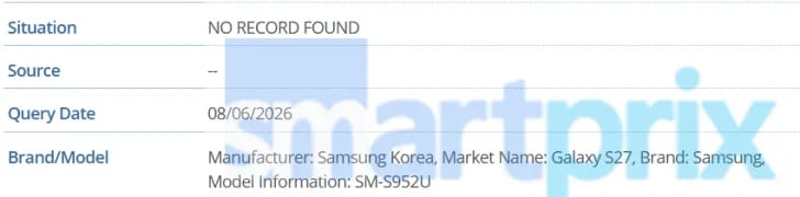 samsung galaxy s27 sm-s952u spotted in the gsma database