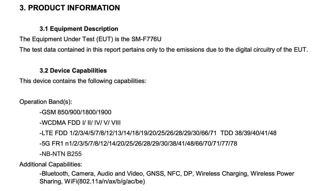 samsung galaxy z flip 8 fcc certification mentioning the phone's features