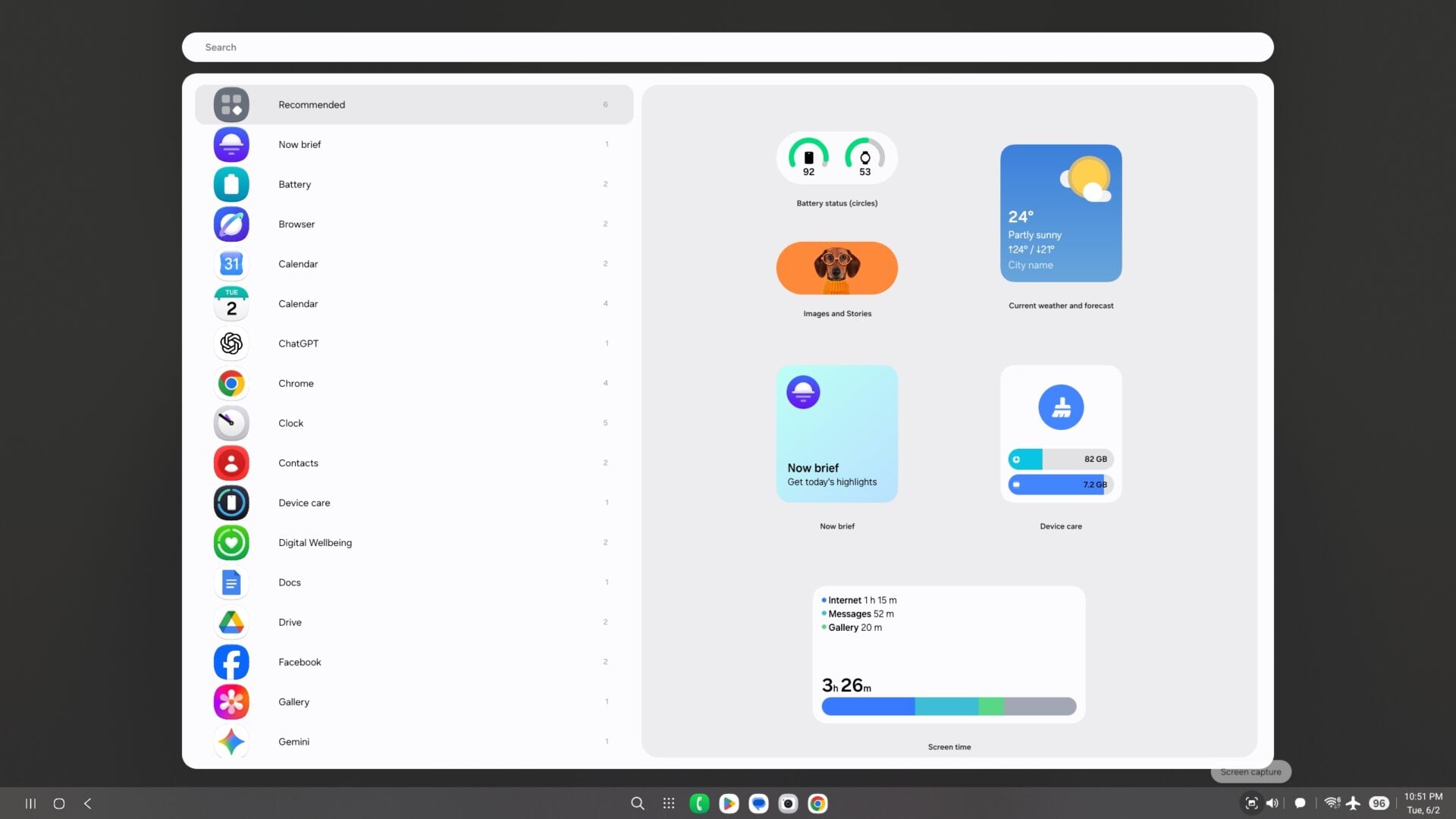 available widgets in samsung dex