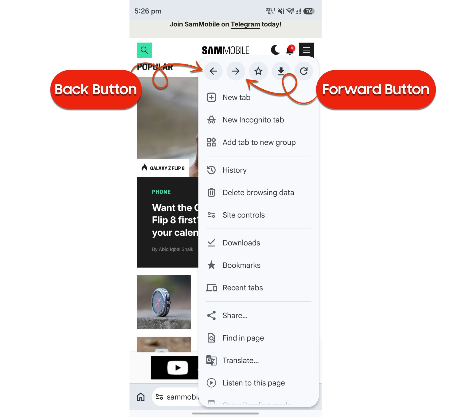 google chrome android app back forward navigation buttons july 2026