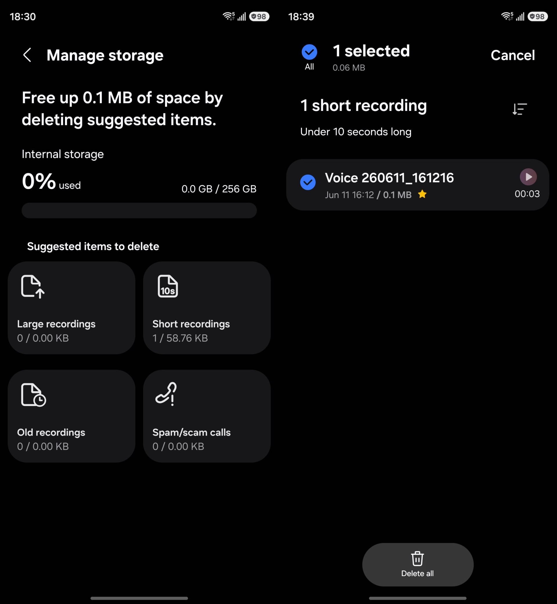 dedicated manage storage menu in samsung voice recorder app