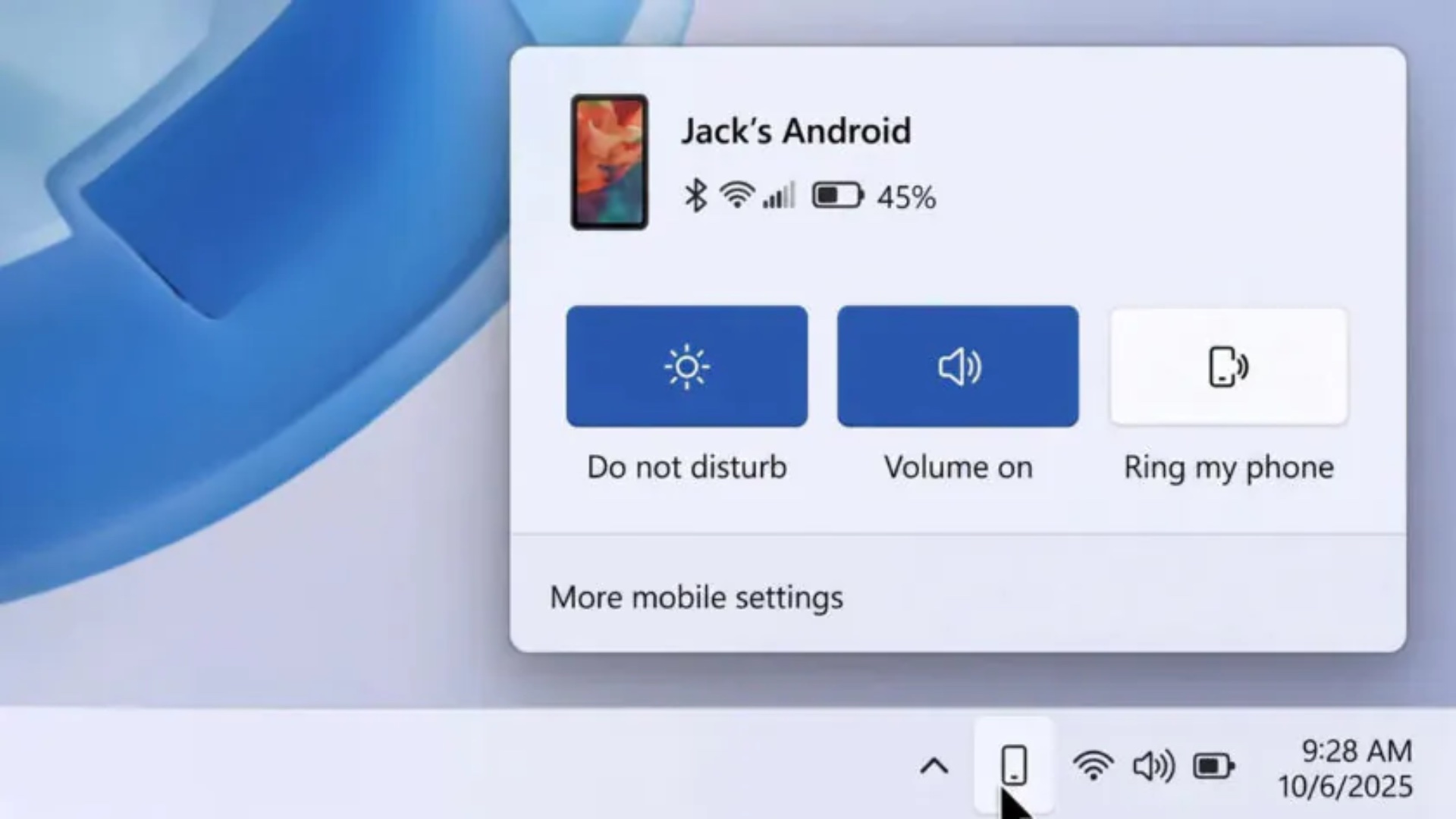 microsoft windows 11 phone link messages taskbar flyout mock up july 2026