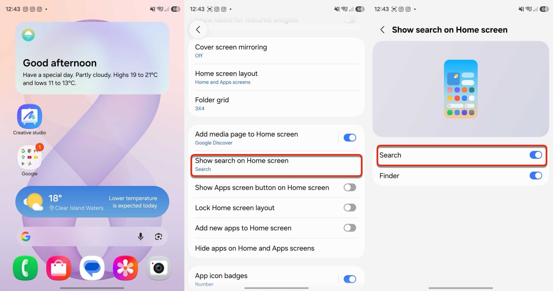 One UI 9.0 Home Launcher Google Search Bar Widget Settings Toggle