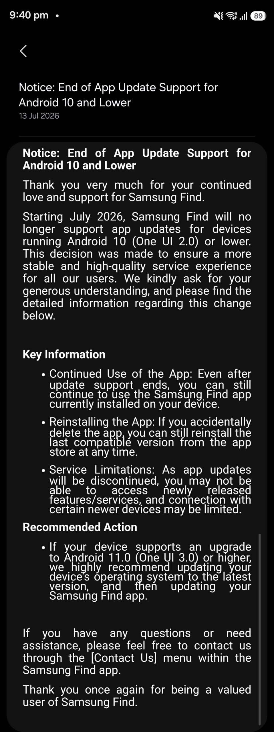 A Notification In The Samsung Find App For Galaxy Smartphones And Tablets Notifying Users About End Of Support For Devices Running One Ui 2.0 (Android 10) And Older