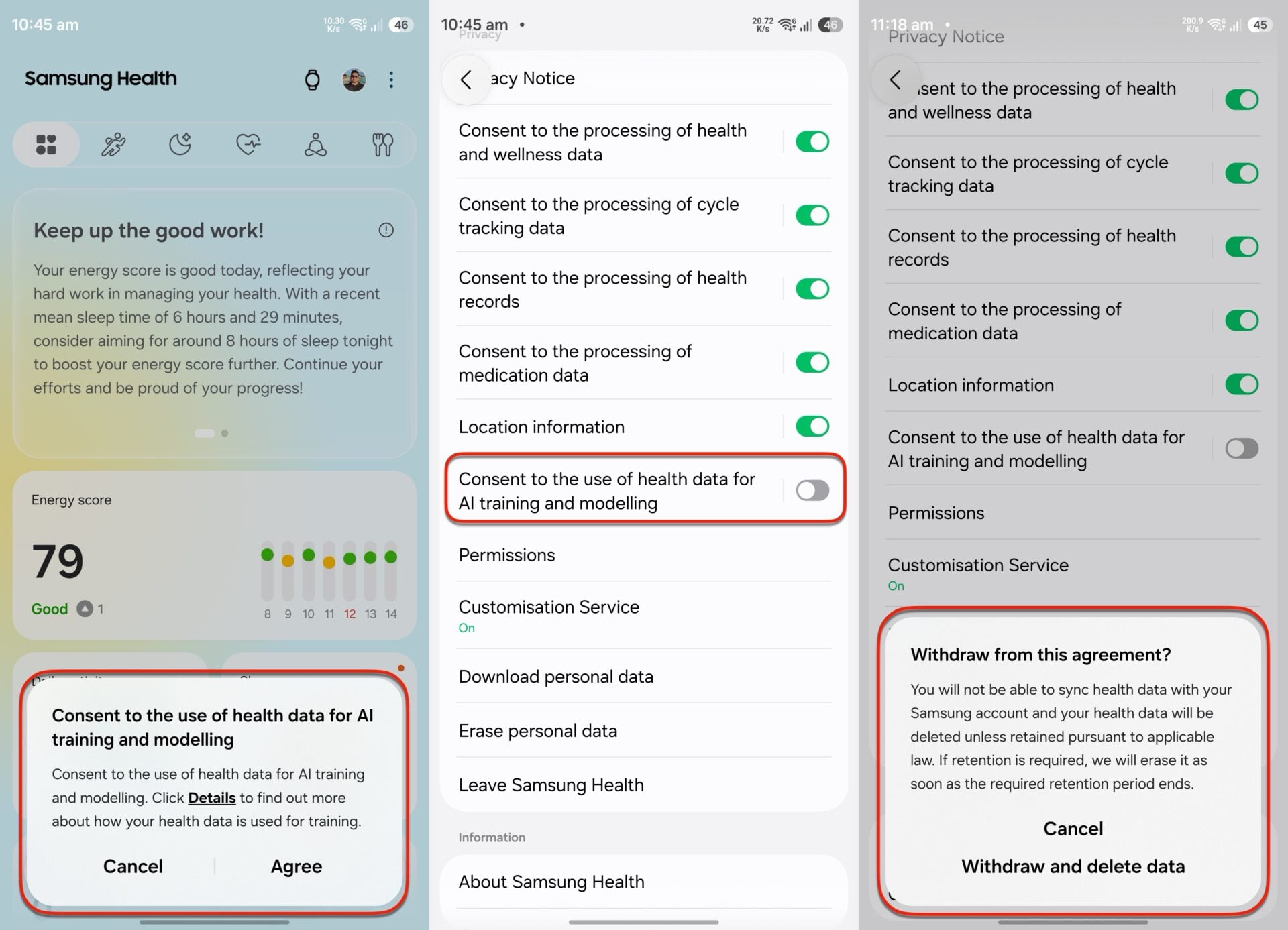 misleading notice about use of samsung health data in samsung's servers for ai training