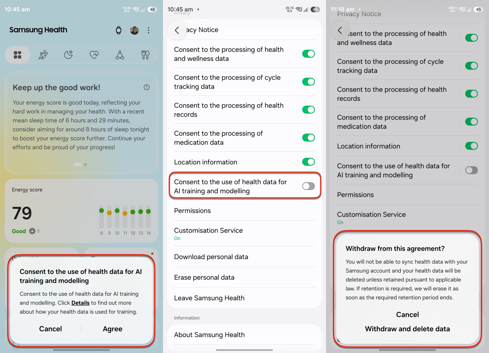 samsung health android settings data ai training notice consent settings toggle july 2026