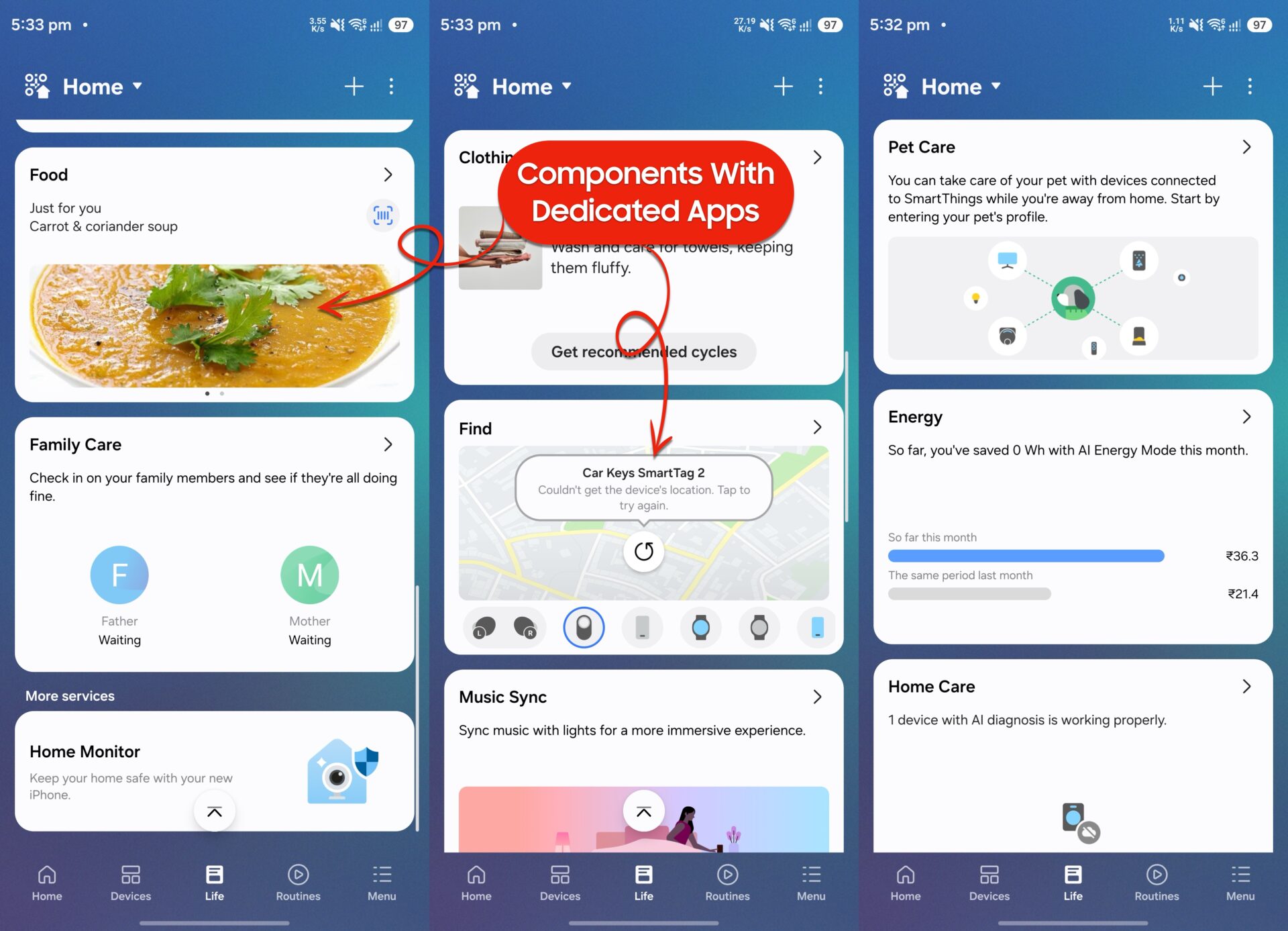 samsung smartthings android app design life tab components clothing care family care energy find food home monitor music sync