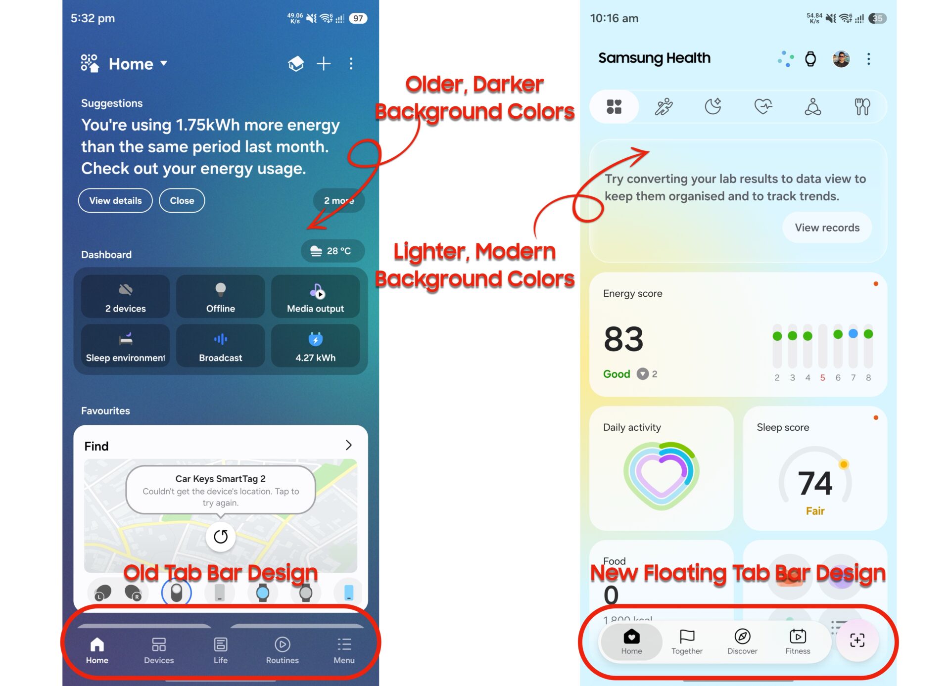 samsung smartthings tab bar design comparison samsung health july 2026