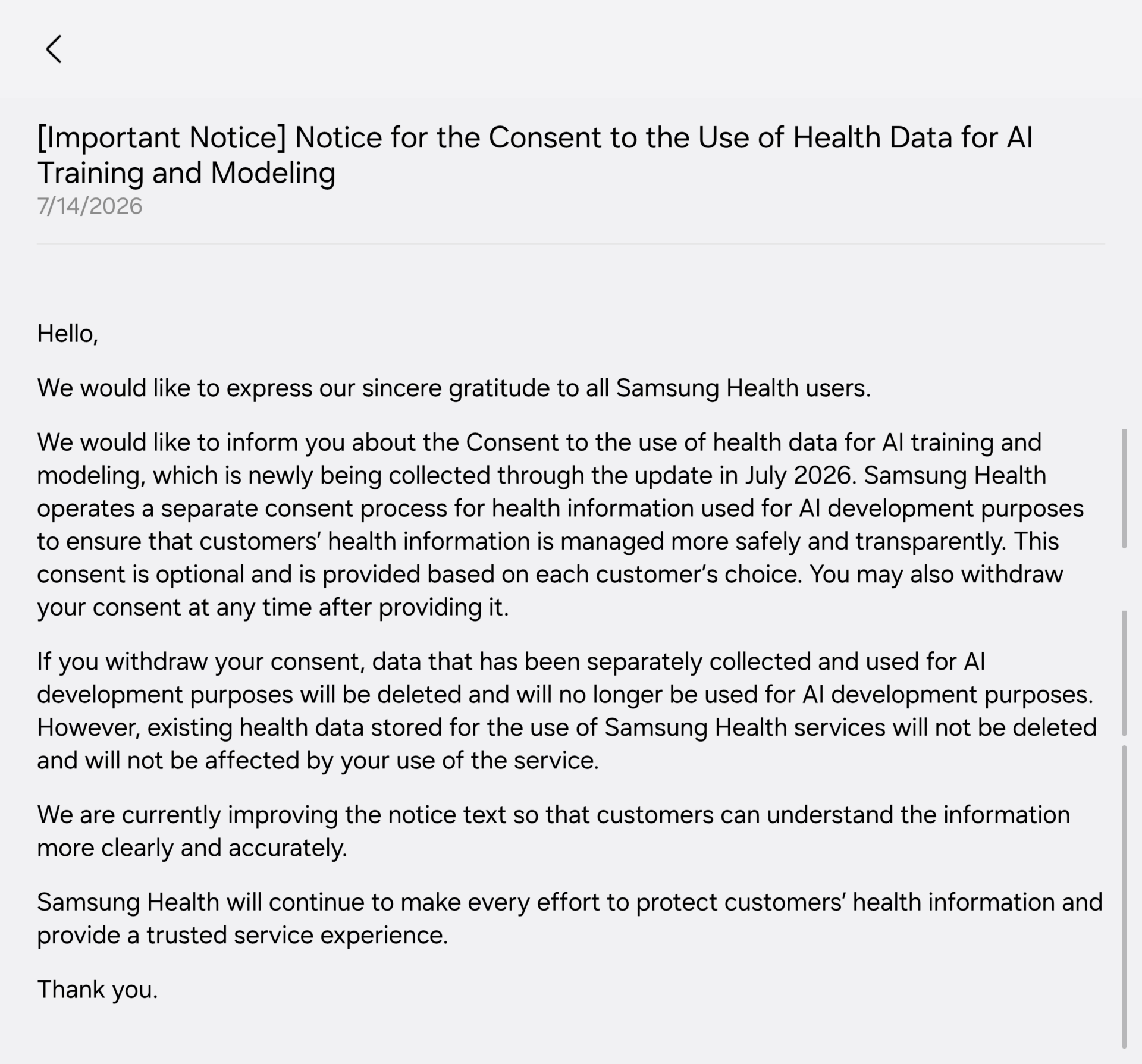 samsung's clarifying notice for consent to use of health data for ai training and modeling