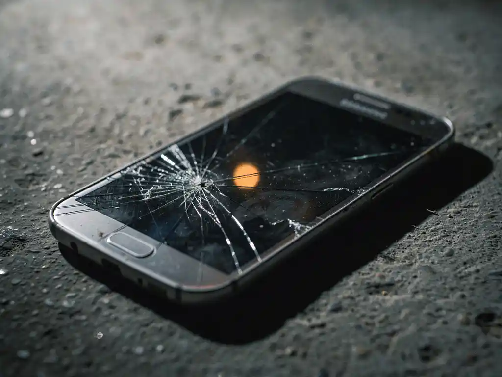 Cracked Samsung Galaxy smartphone abandoned on concrete, amber warning light reflecting off scratched dark screen in dramatic side lighting.