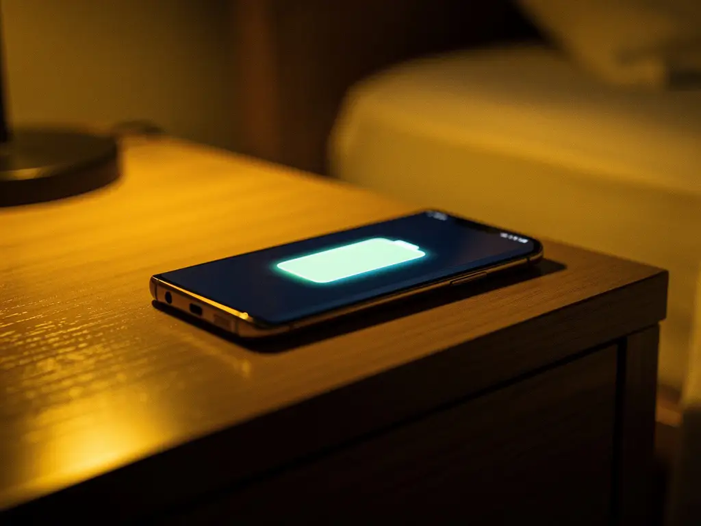 Samsung Galaxy smartphone displaying a glowing battery icon on a bedside table in warm amber low light, suggesting power-saving mode.