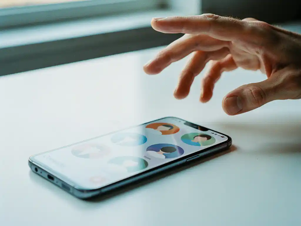 Samsung Galaxy smartphone on white desk with contacts app open, owner's hand hovering uncertainly above colorful profile icons.