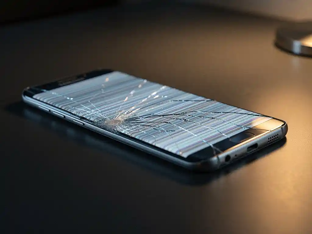 Samsung Galaxy smartphone with cracked, flickering screen showing horizontal distortion lines on a dark desk under dramatic side lighting.